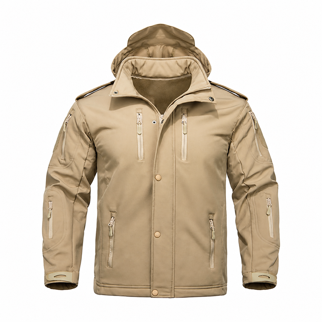 Men's hooded fleece-lined softshell jacket in Light Khaki