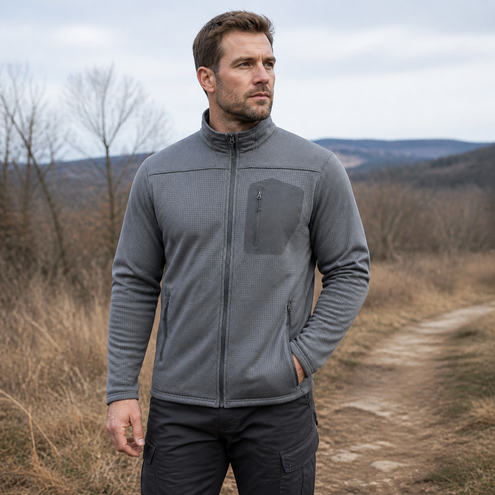 Athletic outdoor model wearing the Men's Lightweight Grid-Knit Fleece Jacket in Gray